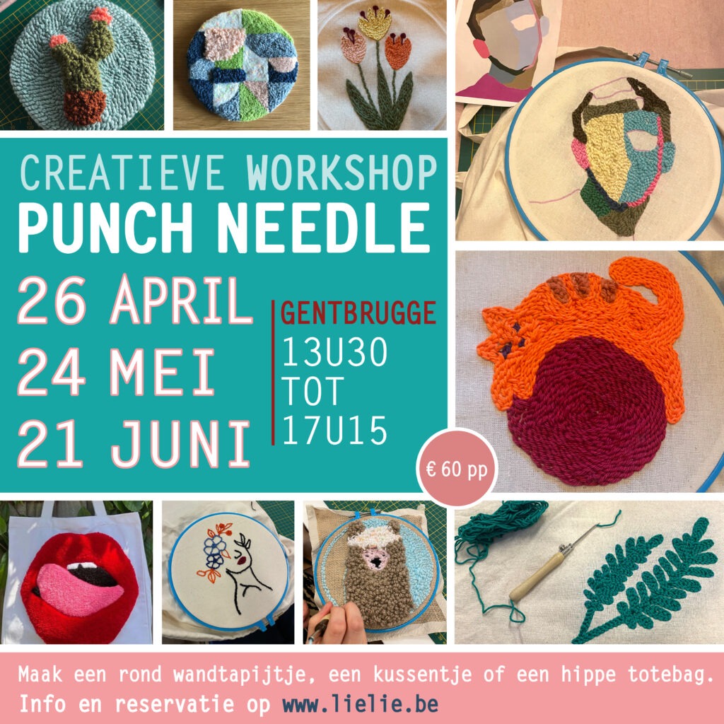 Flyer creatieve workshop punch needle voorjaar 2026 LieLie Gentbrugge